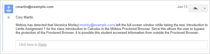 A sample email is shown that the instructor receives when  Proctored Browser Mode is exited.